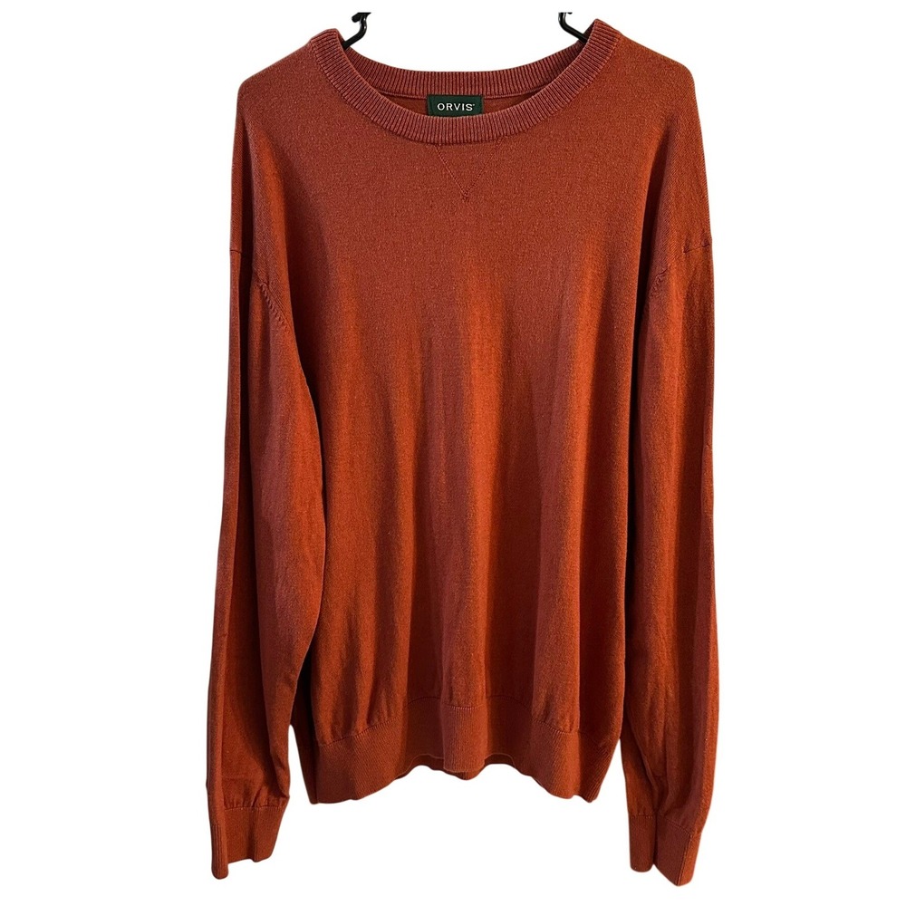 ORVIS Mens Crew Neck L/S Sweater Rust Orange Cotton Silk Cashmere Blend XL